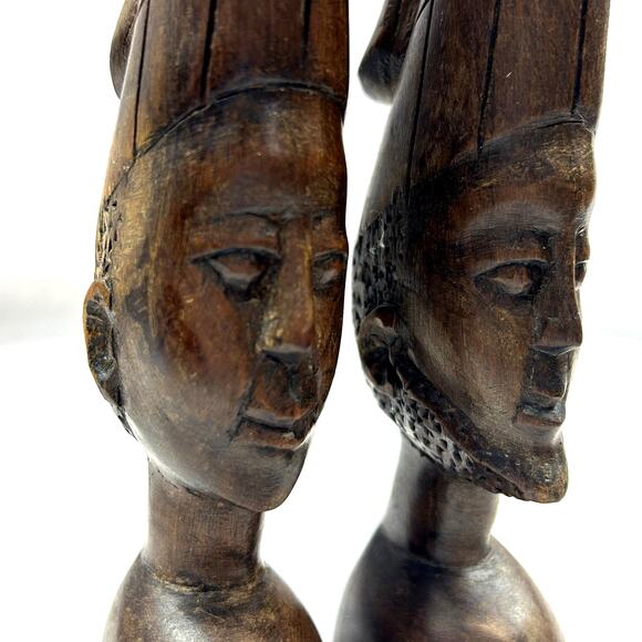 Set of 2 African bust Hand Carved man woman detailed Vintage beard 8.5? tall - Picture 7 of 8